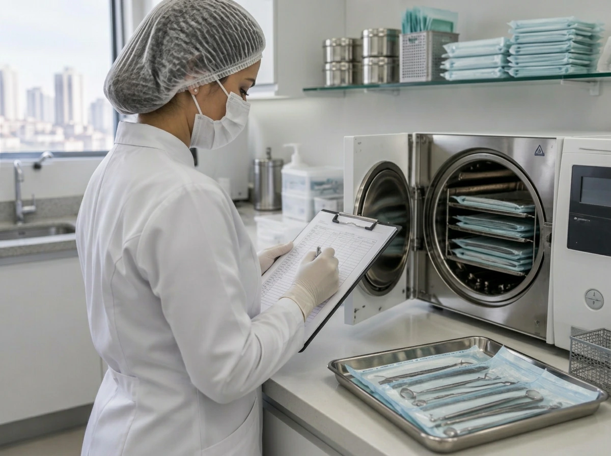 Profissional em rotina de conferência junto a equipamento de esterilização em clínica odontológica
